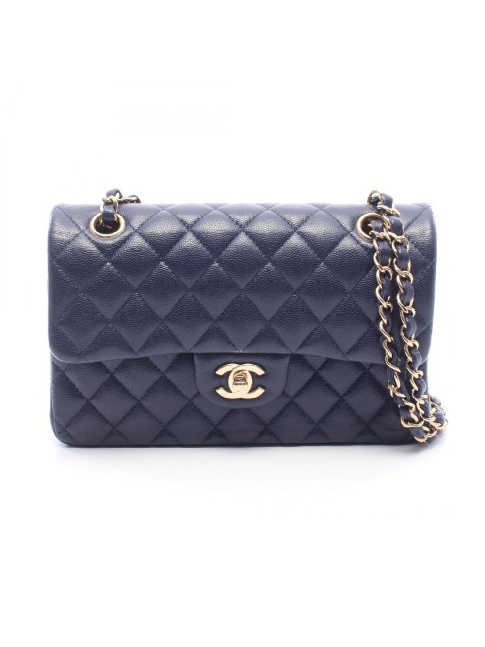 Chanel Shoulder Bag Quilted Double Flap Navy Caviar Leather Chain